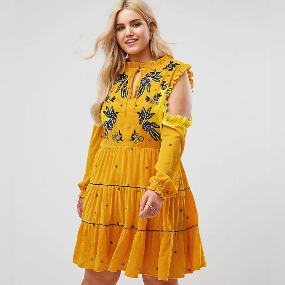 Anthropology Frock & Frill yellow velvet cold-shoulder dress w floral embroidery